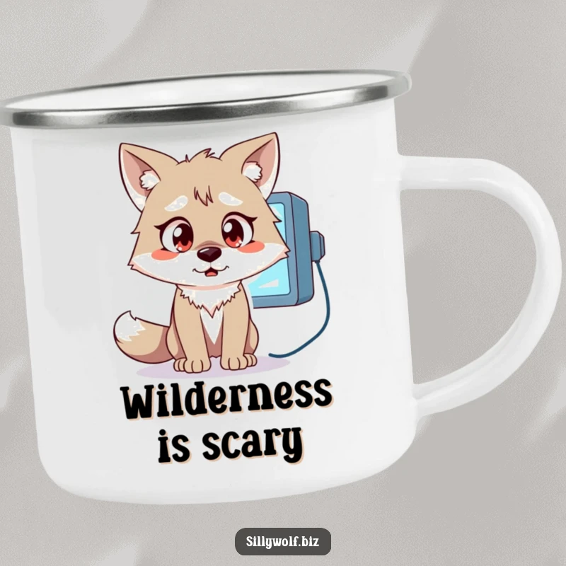 Funny Wolf Camping Mug: A wolf with wide, shocked eyes stares at a flickering computer monitor.