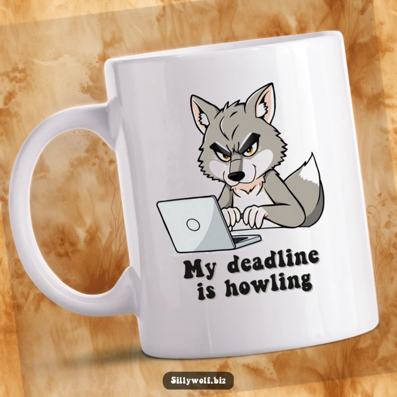 Funny Wolf Programmer Mug: A determined wolf frantically types on a laptop with a focused grimace, embodying the coding hustle.