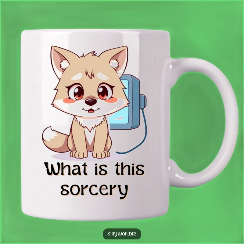 Funny Wolf Shocked Mug: Wide-Eyed Wolf Reacts to Monitor, Hilarious Gift Idea