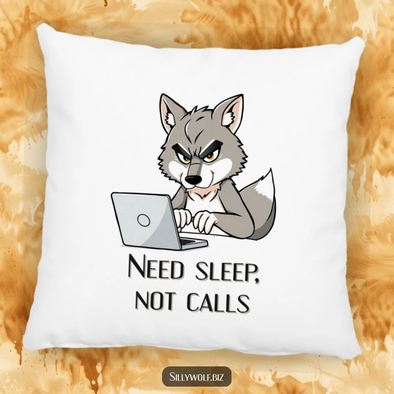 Funny Wolf Pillow: A determined wolf types on a laptop, perfect for adding humor to relaxation spaces.