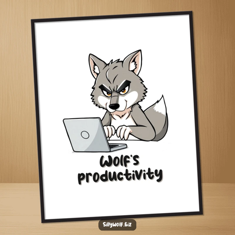 Funny Wolf Digital Art: A determined wolf is depicted furiously typing on a laptop, adding humor to any space.