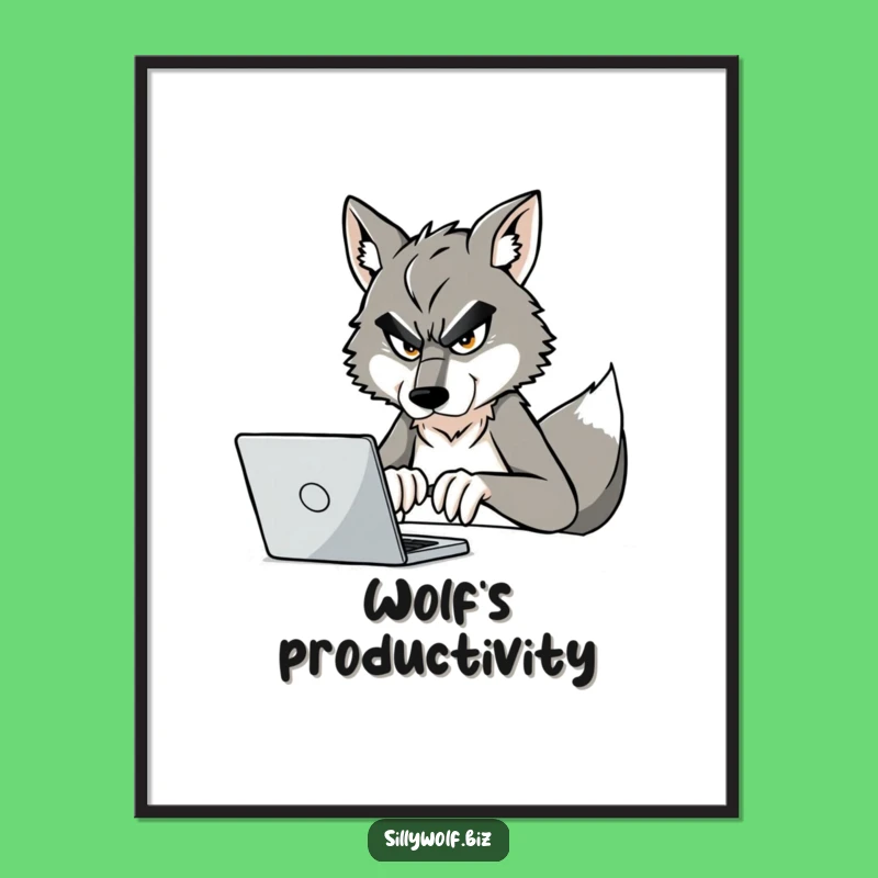 Funny Wolf Digital Art: Busy Wolf Typing, Instant Download for Hilarious Wall Decor Gift