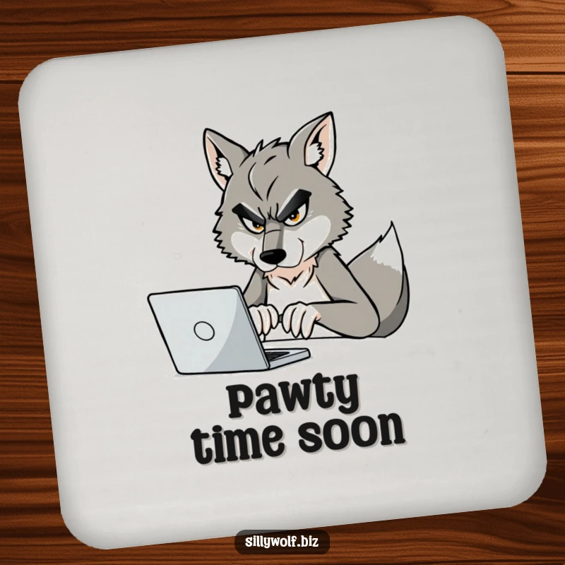 Funny Wolf Coaster: A determined wolf types on a laptop, protecting surfaces with a humorous touch.