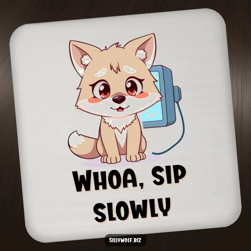 Funny Wolf Coaster: A wolf with wide, surprised eyes looks at a flickering computer monitor.