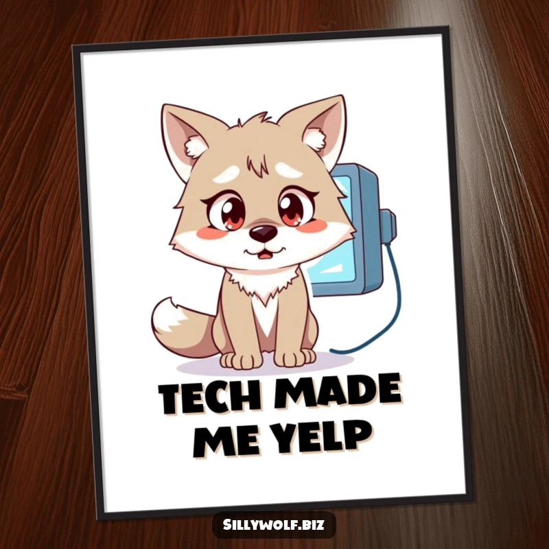 Funny Wolf Poster: A wolf with wide, surprised eyes is fixated on a flickering computer monitor.