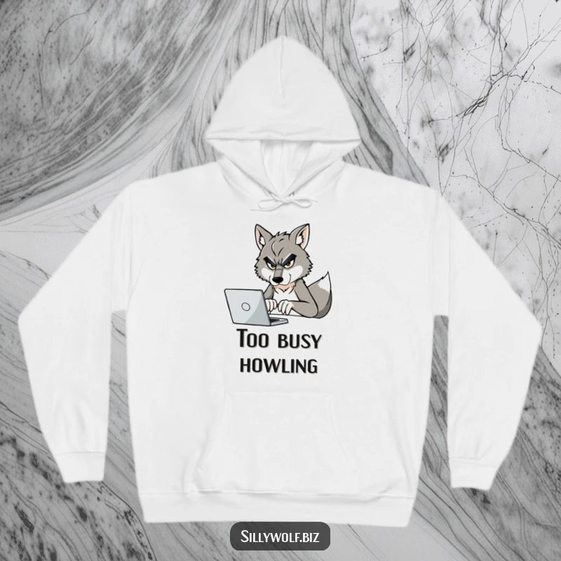 Funny Wolf Hoodie: A determined wolf is engrossed in typing on a laptop, perfect for cozy, focused work.