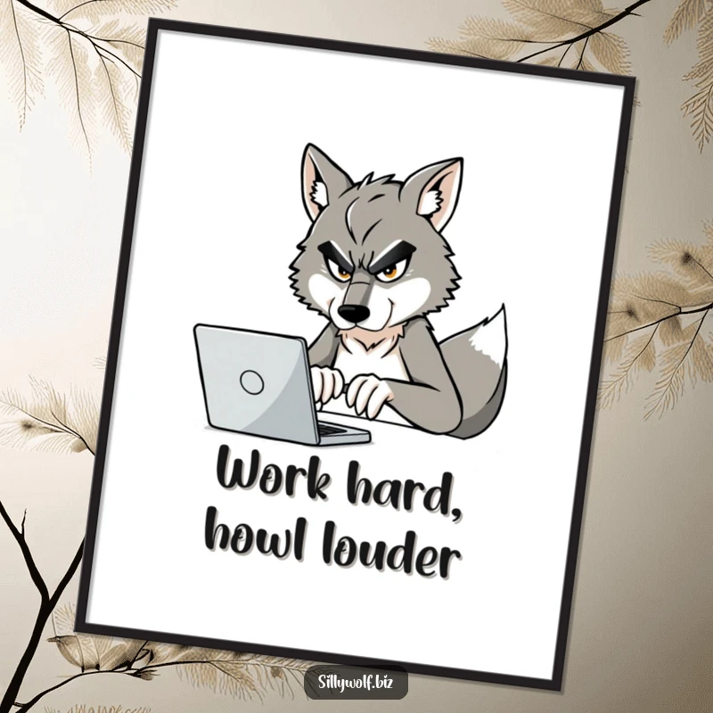 Funny Free Printable Wall Art: A hyper-focused wolf typing intensely on a laptop, perfect for a home office.