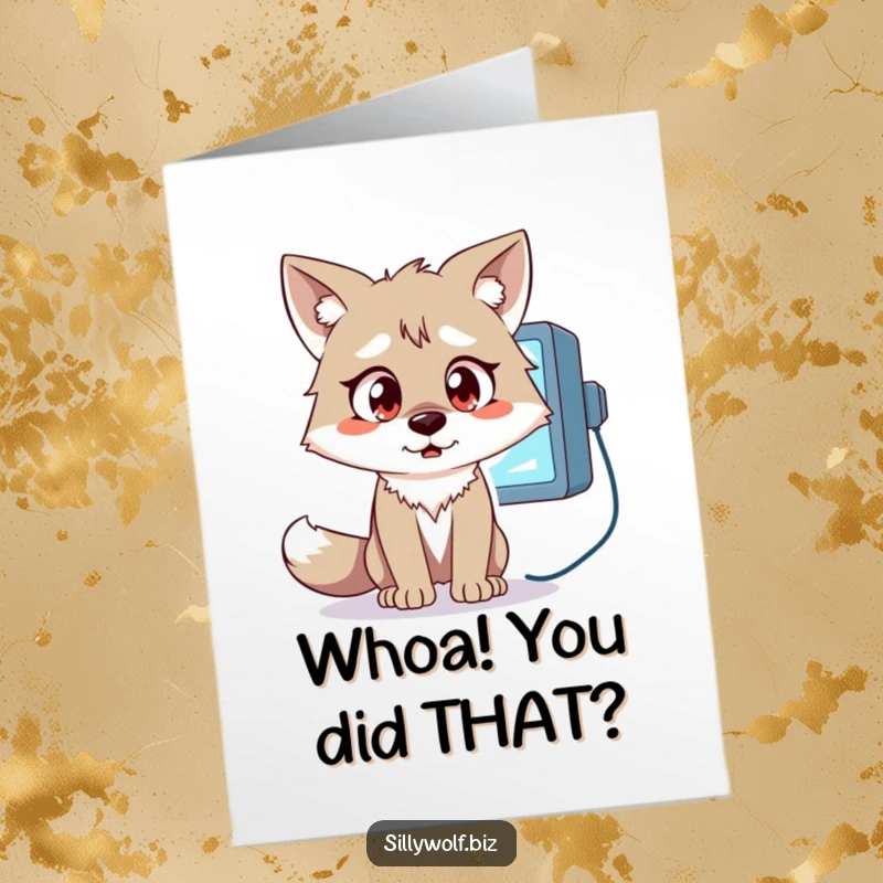 Funny Free Printable Congratulations Card: A wolf looking shocked at a computer screen, celebrating an unexpected success.