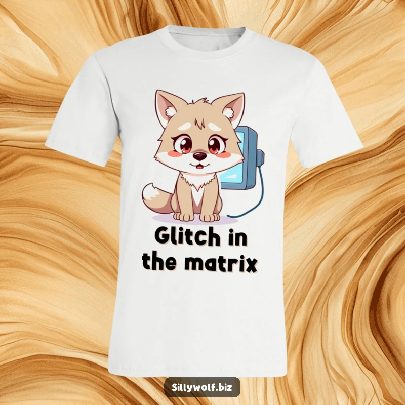 Funny Wolf T-Shirt: A wolf with wide, surprised eyes looks at a flickering computer monitor in shock.