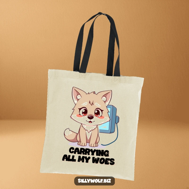 Funny Wolf Tote Bag: A wolf with wide eyes stares in surprise at a flickering computer monitor.